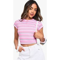 boohoo Women's Striped Rib Cap Sleeve Baby T-Shirt in Pink | Size: 4 | Denim | boohoo (US & Canada)
