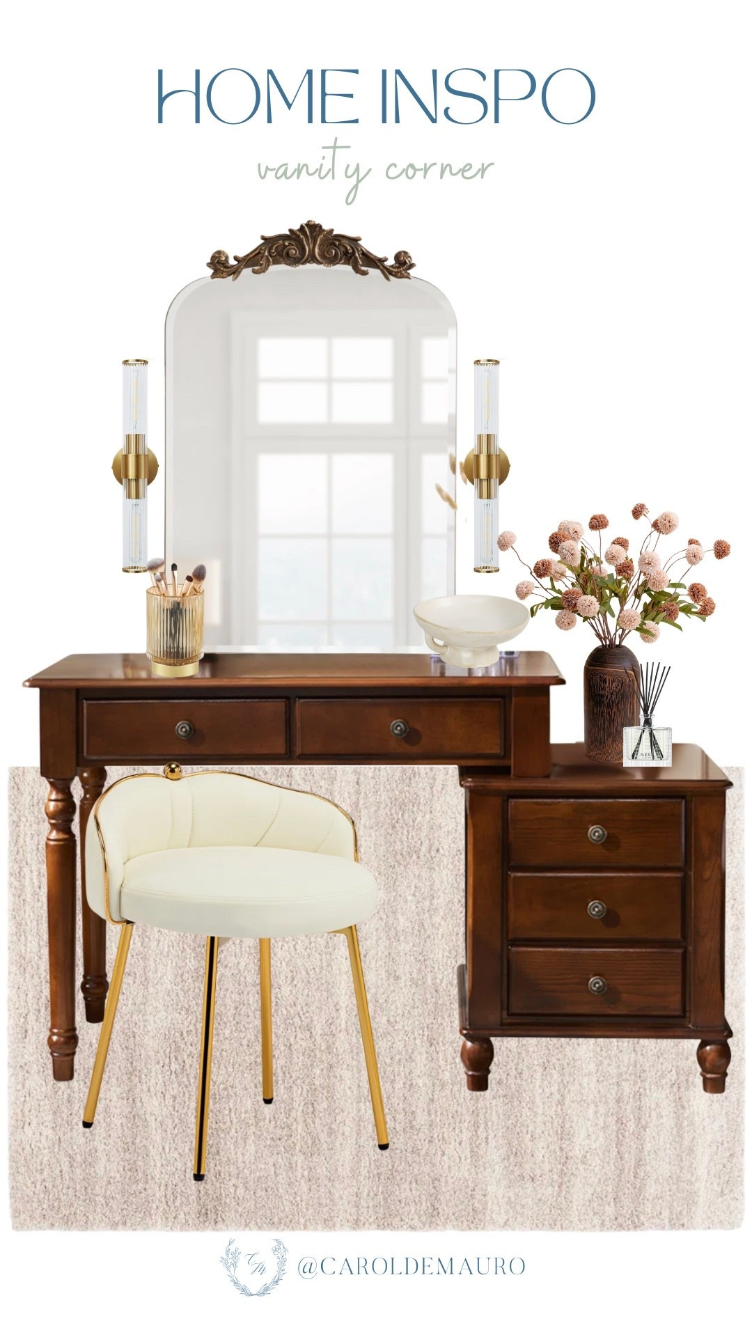 Seriously, how dreamy is this vanity corner? You know you're going to feel so organized with that dark wood vanity and the extra storage on the side. This is exactly the kind of cozy, chic spot you need for your daily routine.

home inspo, bedroom corner, makeup storage, interior design, cozy vibes, glam corner, vanity furniture, neutral home

#LTKU #LTKHome #LTKSeasonal