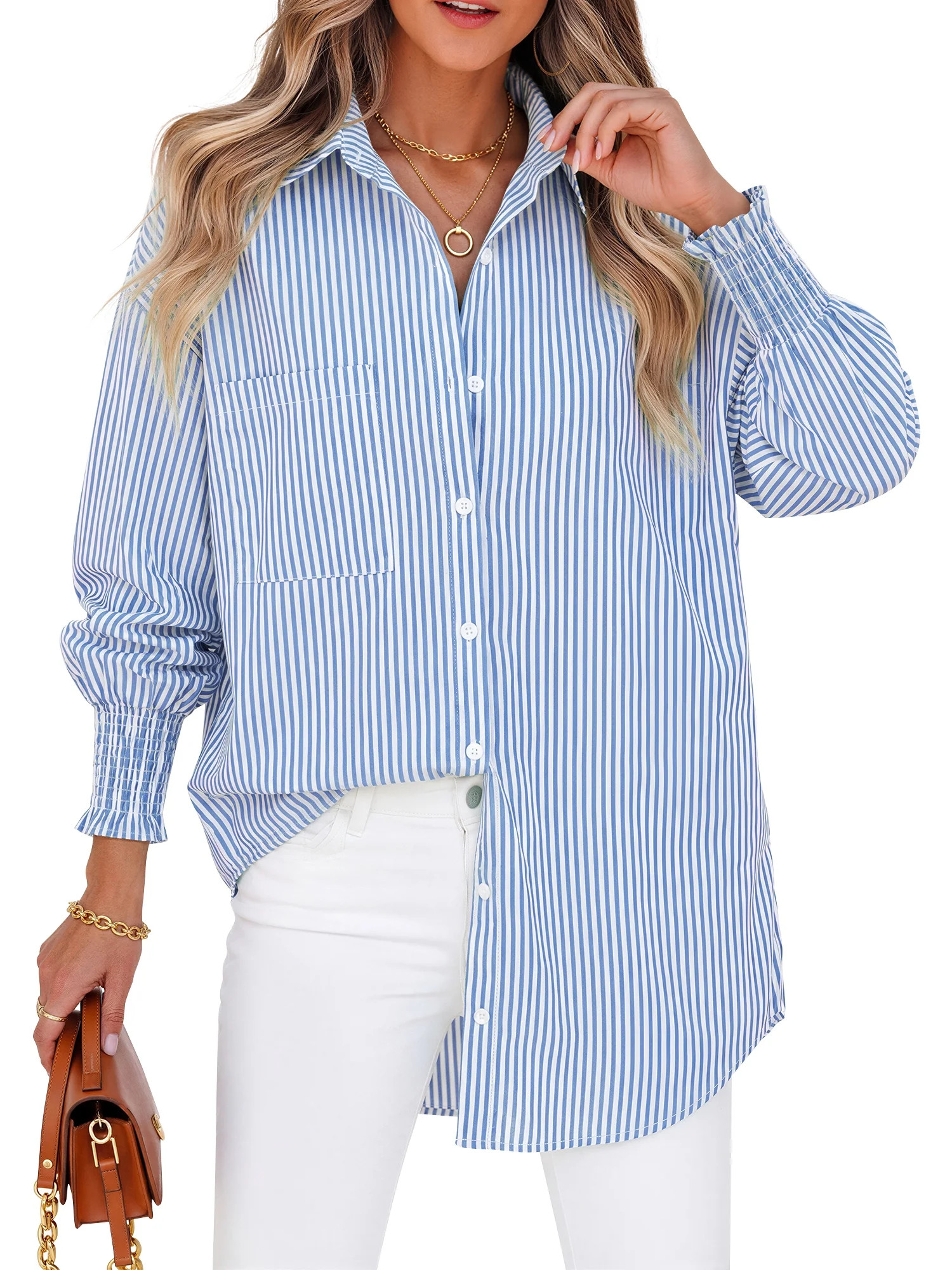 Fantaslook Striped Button Down Shirts for Women Smocked Cuffed Trendy Blouse Causal Long Sleeve T... | Walmart (US)