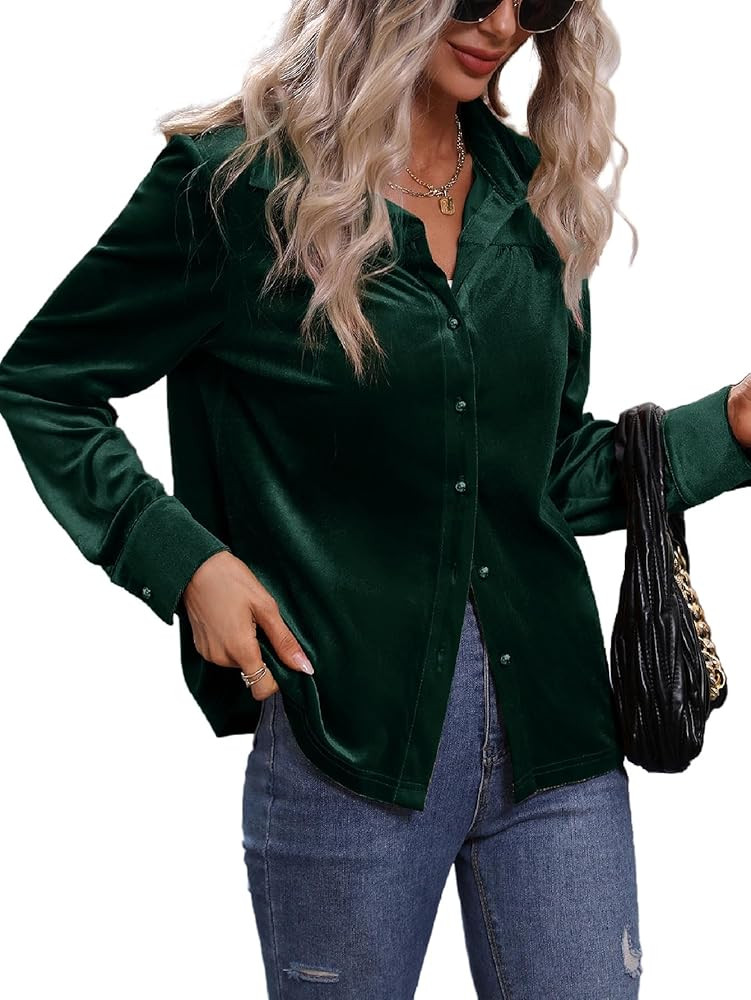Floerns Women's Solid Button Down Long Sleeve Collar Velvet Shirt Blouse Top | Amazon (US)