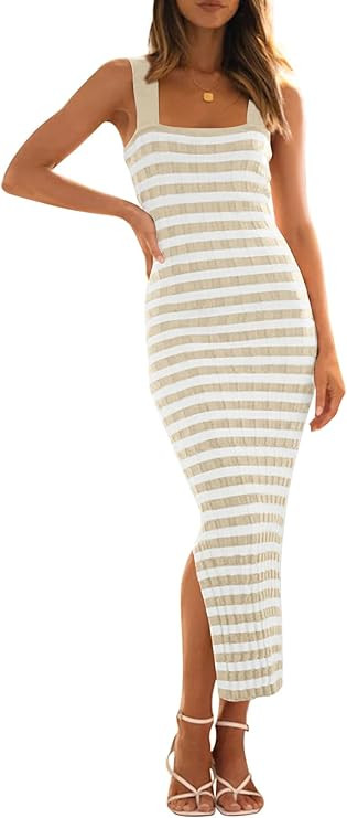 MEROKEETY Women's 2025 Summer Spring Bodycon Midi Dress Vacation Sleeveless Ribbed Knit Striped P... | Amazon (US)