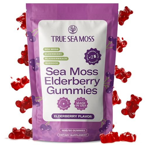 TrueSeaMoss Sea Moss Elderberry Gummies for Adults & Kids – with Burdock Root, Bladderwrack & Magnesium – 60 Gummies (Pouch May Vary) | Amazon (US)