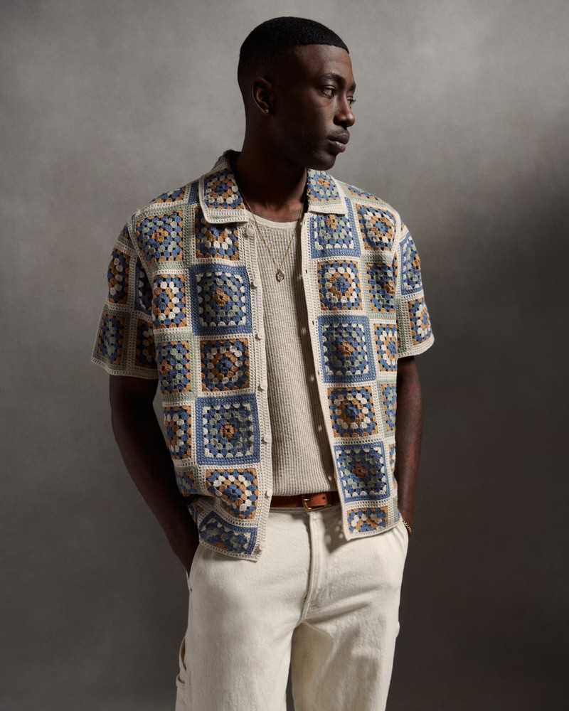 Crochet-Style Pattern Button-Through Sweater Polo | Abercrombie & Fitch (US)