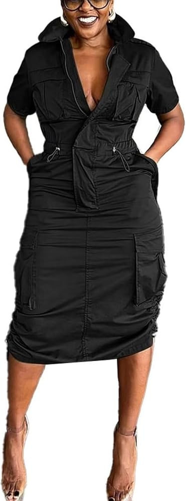 LROSEY Women Y2k Cargo Dress with Pockets Casual Short Sleeve Zip Up Ruched Drawstring Midi Utili... | Amazon (US)