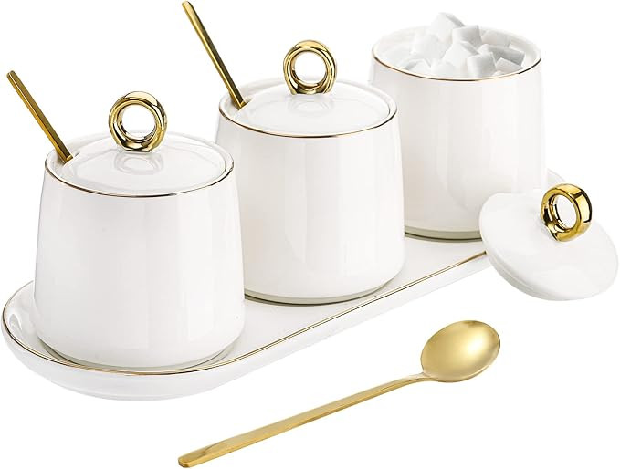 Foraineam Porcelain Sugar Bowl with Lid and Spoon Set of 3, Condiment Jar Coffee Bar Accessories,... | Amazon (CA)