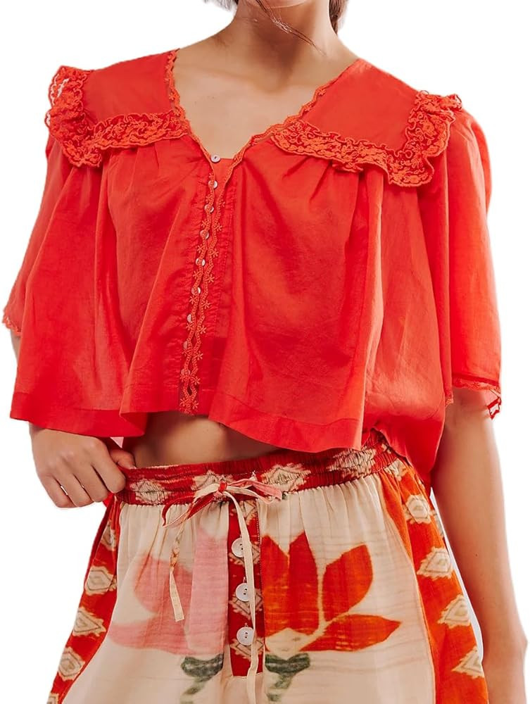 Women Chiffon Blouses Vintage Ruffle Hem Mesh Shirt Short Sleeve Button Down Babydoll Top Summer ... | Amazon (US)