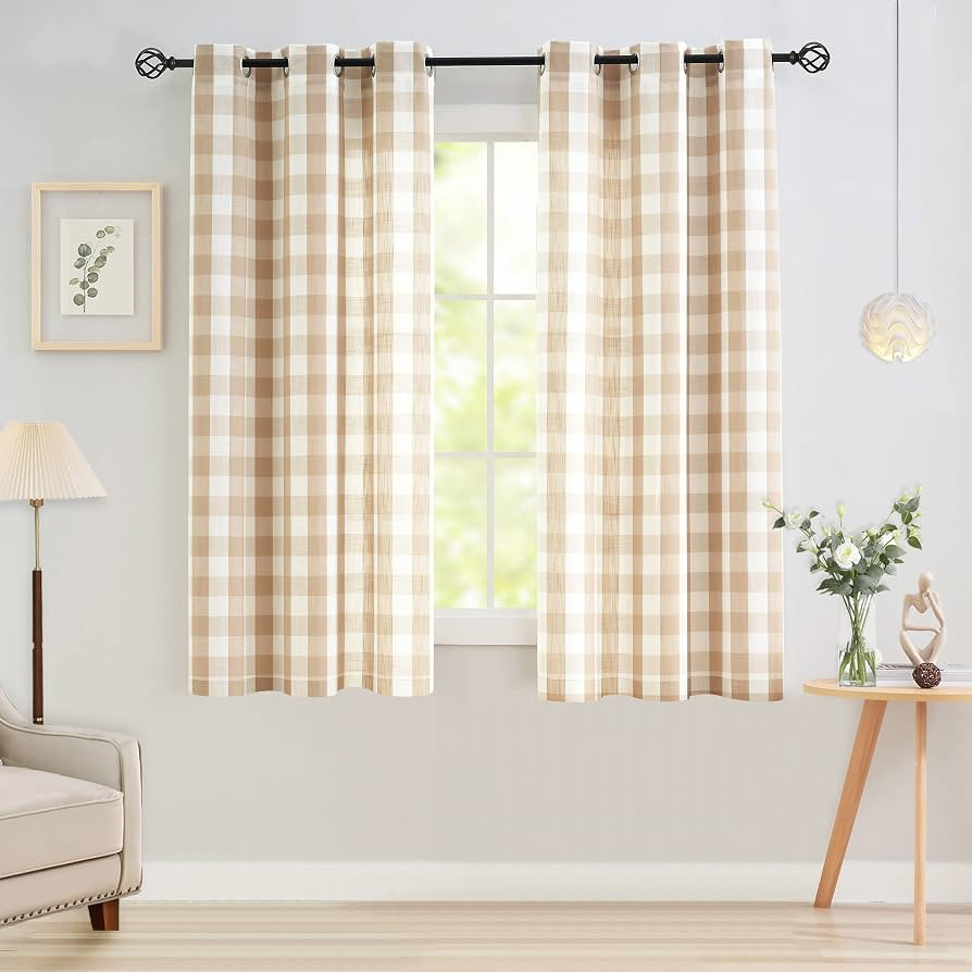 Jubilantex Tan White Buffalo Check Semi Sheer Curtain Panels Gingham Plaid Textured Curtains Drap... | Amazon (US)