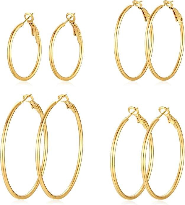 4 Pairs Silver Gold Hoop Earrings for Women | 14K Gold Plated Hoop Earrings Set Hypoallergenic Ea... | Amazon (US)