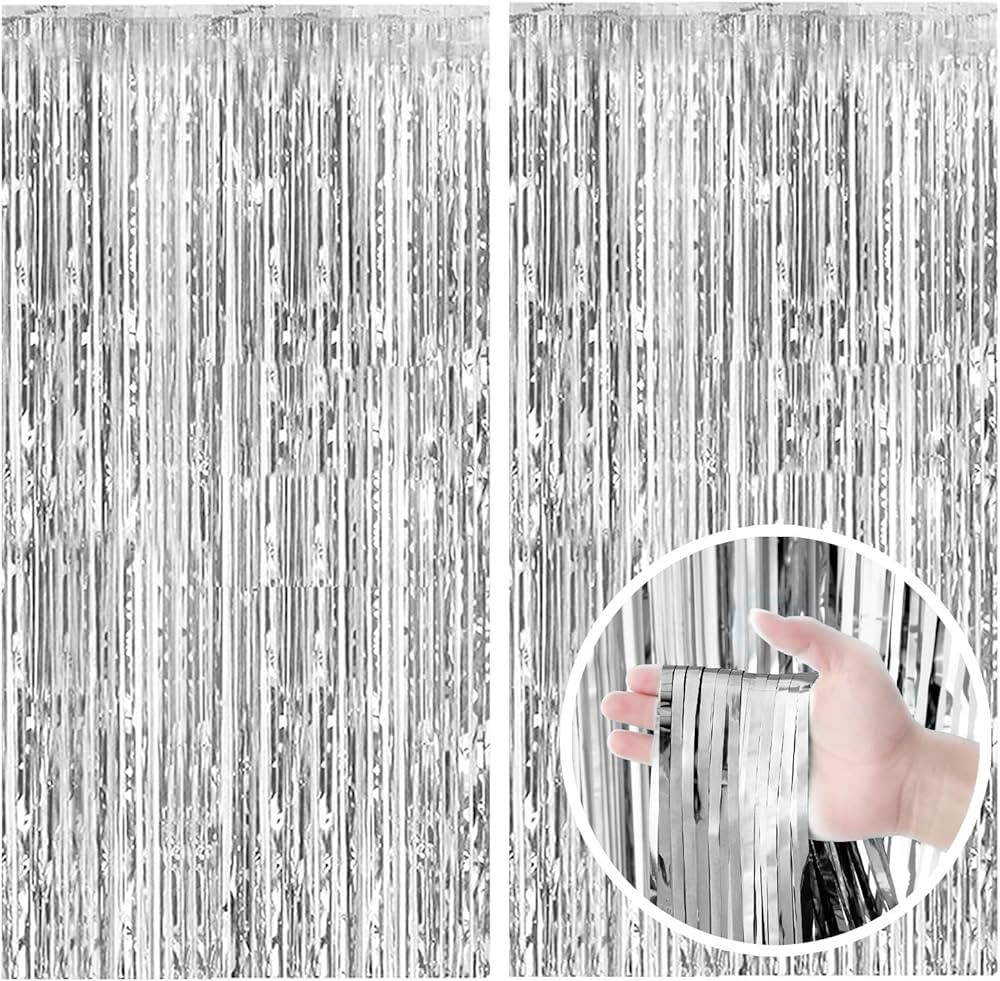 2 Pack Silver Backdrop Curtain Party Decorations Foil Fringe Backdrop Silver Tinsel Streamers Bir... | Amazon (US)