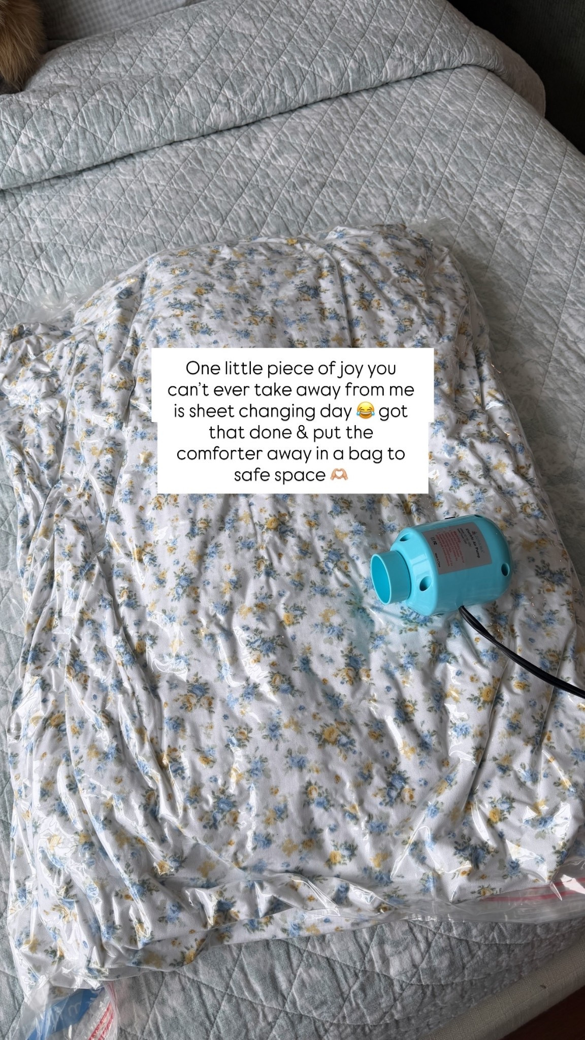 One little piece of joy you can’t ever take away from me is sheet changing day 😂 got that done & put the comforter away in a bag to safe space 🫶🏼