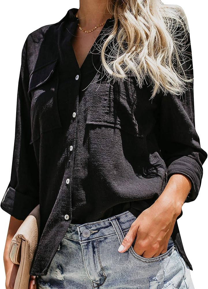 Womens Button Down V Neck Shirts Long Sleeve Blouse Roll Up Cuffed Sleeve Casual Work Plain Tops wit | Amazon (US)