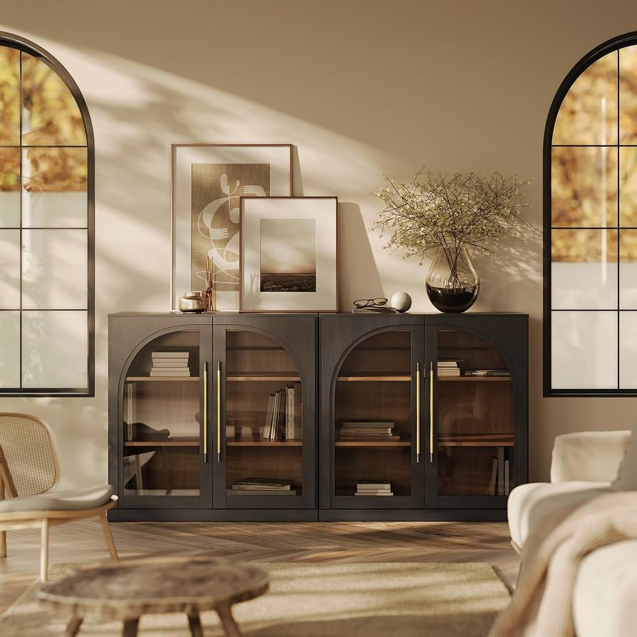 BELLEZE Set of 2 Modular Sideboard with Arched Glass Door, Accent Display Buffet Cabinet with Sto... | Amazon (US)