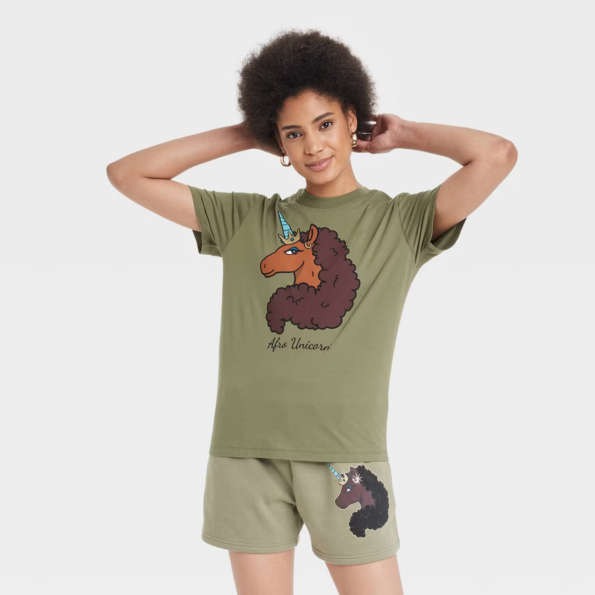 Women's Afro Unicorn Short Sleeve Graphic Boyfriend T-Shirt - Green | Target