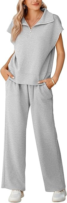 Pink Queen Womens Two Piece Outfits Sleeveless Pullover Tops and Wide Leg Pants Half Zip Jogger L... | Amazon (US)