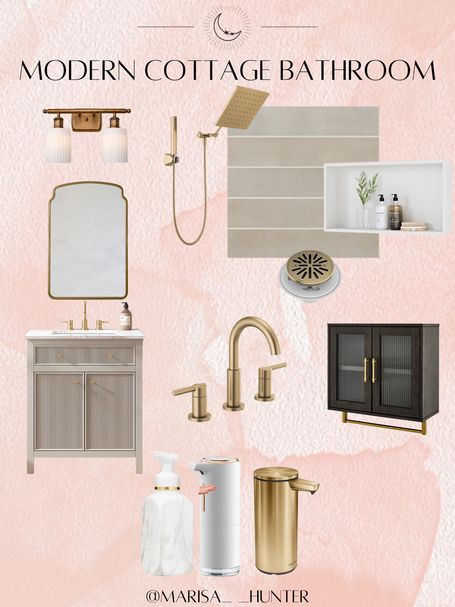Modern cottage bathroom 

Greige champagne bronze taupe vanity mirror light medicine cabinet soap dispenser tile drain cover faucet shower niche 

#LTKHome