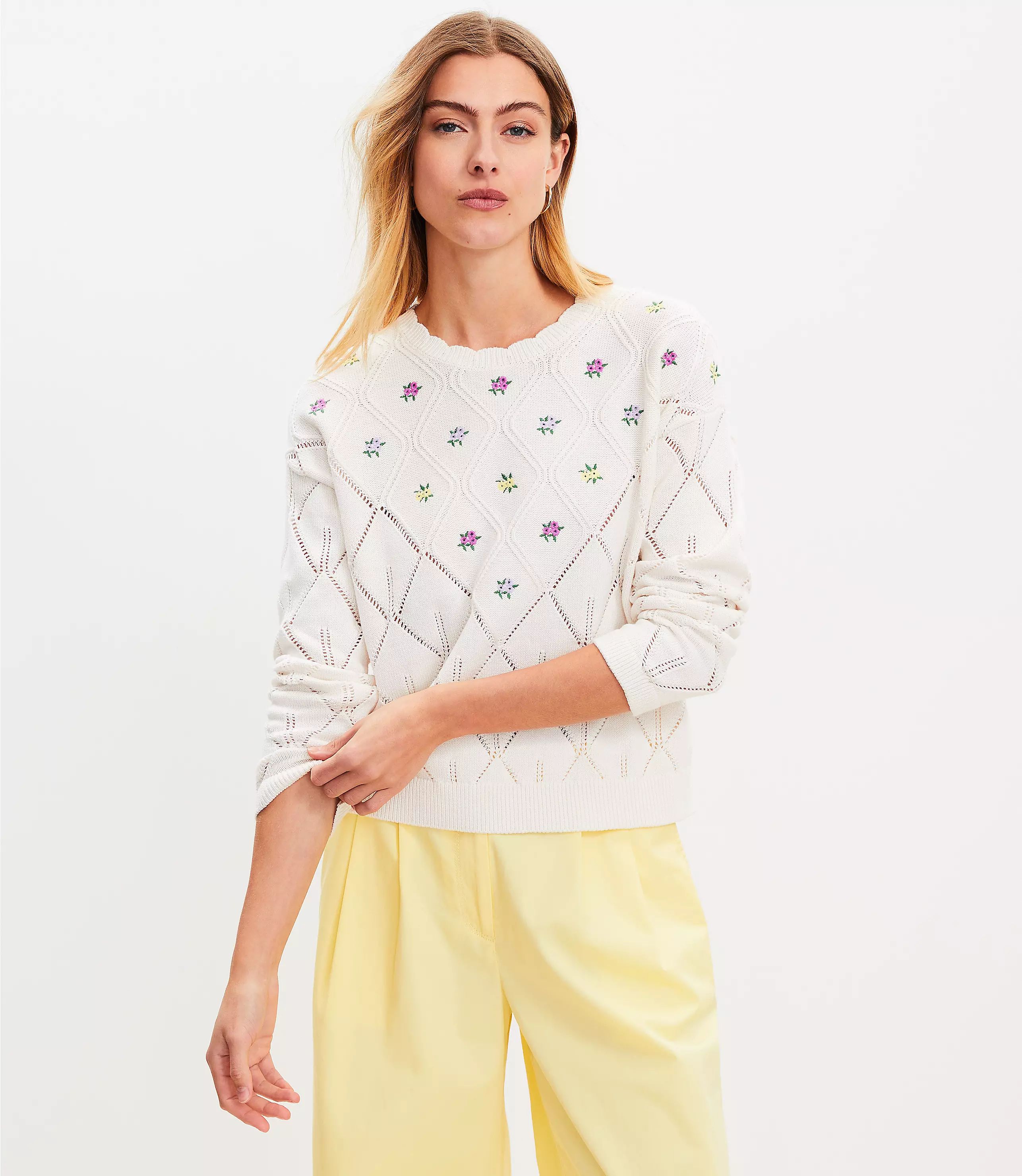 Floral Embroidered Pointelle Sweater | LOFT