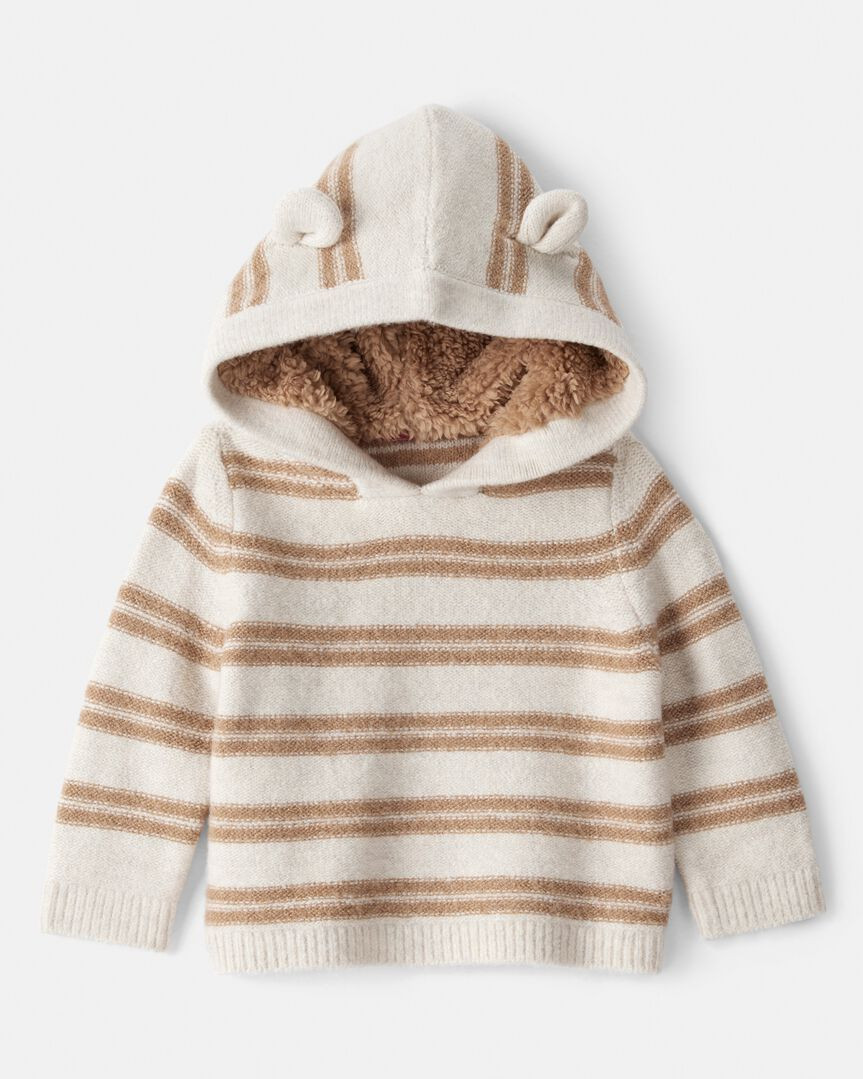 Baby Stripe Sweater with Teddy Fleece-Lined Hood and Bear Ears - Brown/Cream | Carter's Inc
