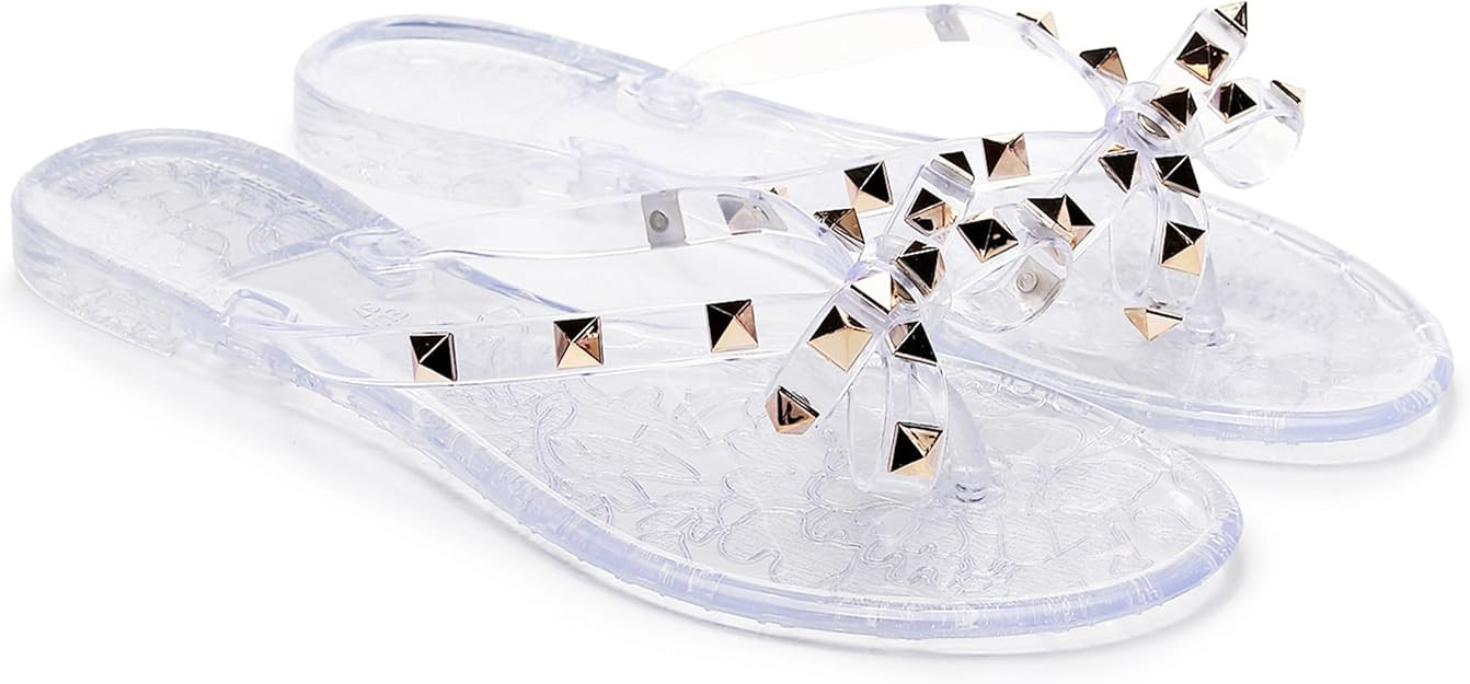 Womens Studded Sandals Flat Jelly Shoes Thong Flip Flops with Bow Stud Slip On Summer Beach Rivet... | Amazon (US)