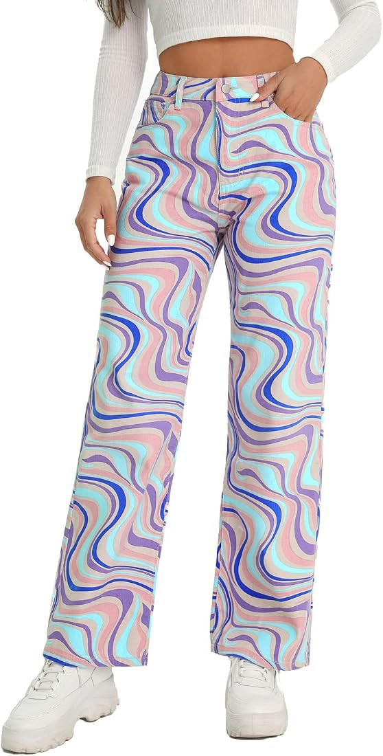 WDIRARA Women's High Waisted Wide Leg Print Casual Baggy Jeans Denim Pants | Amazon (US)