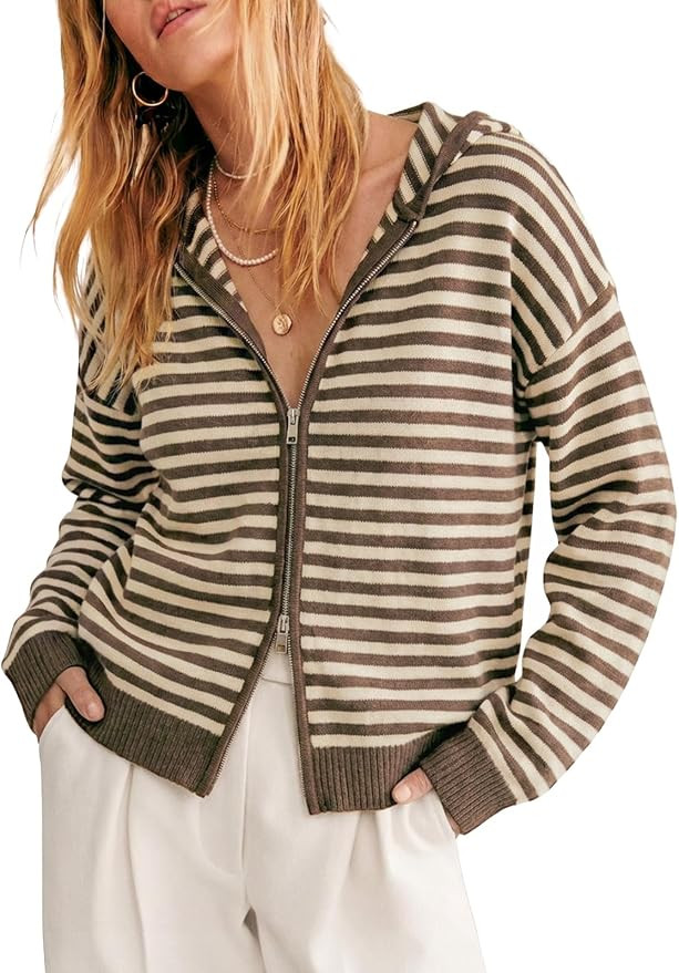 Cicy Bell Womens Striped Hooded Cardigan Zip Up Knit Long Sleeve Sweaters | Amazon (US)