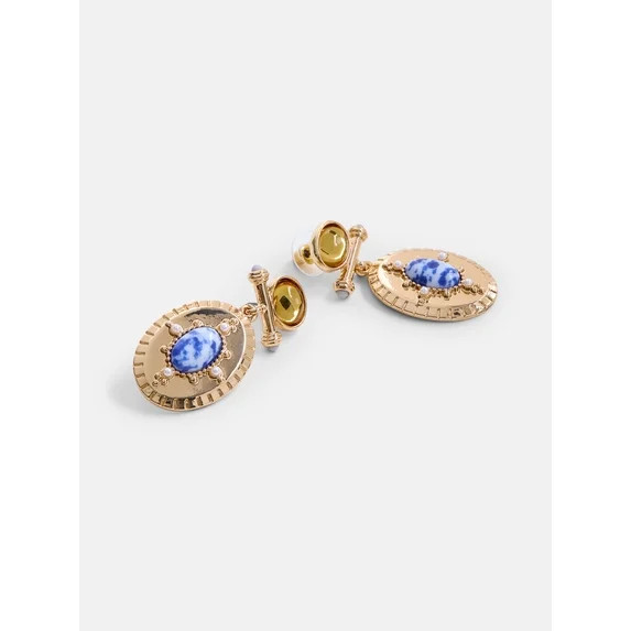 Scenario Women's Gold-Tone Bar Drop Earrings with Oval and Faux Sodalite Stones | Walmart (US)