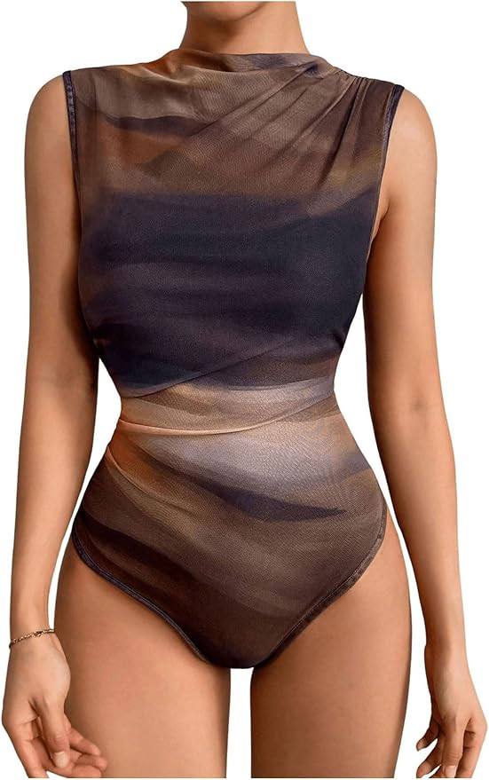WDIRARA Women's Tie-Dye Cowl Neck Sleeveless Ruched Mesh Slim Fit Bodysuit | Amazon (US)