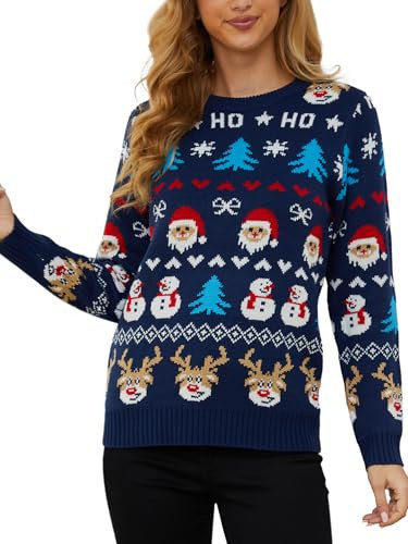 YIJIU Women's Christmas Sweater Reindeer Xmas Tree Santa Patterns Knitted Sweaters Long Sleeve Crew Neck Pullover Knitwear,Blue,L | Amazon (US)