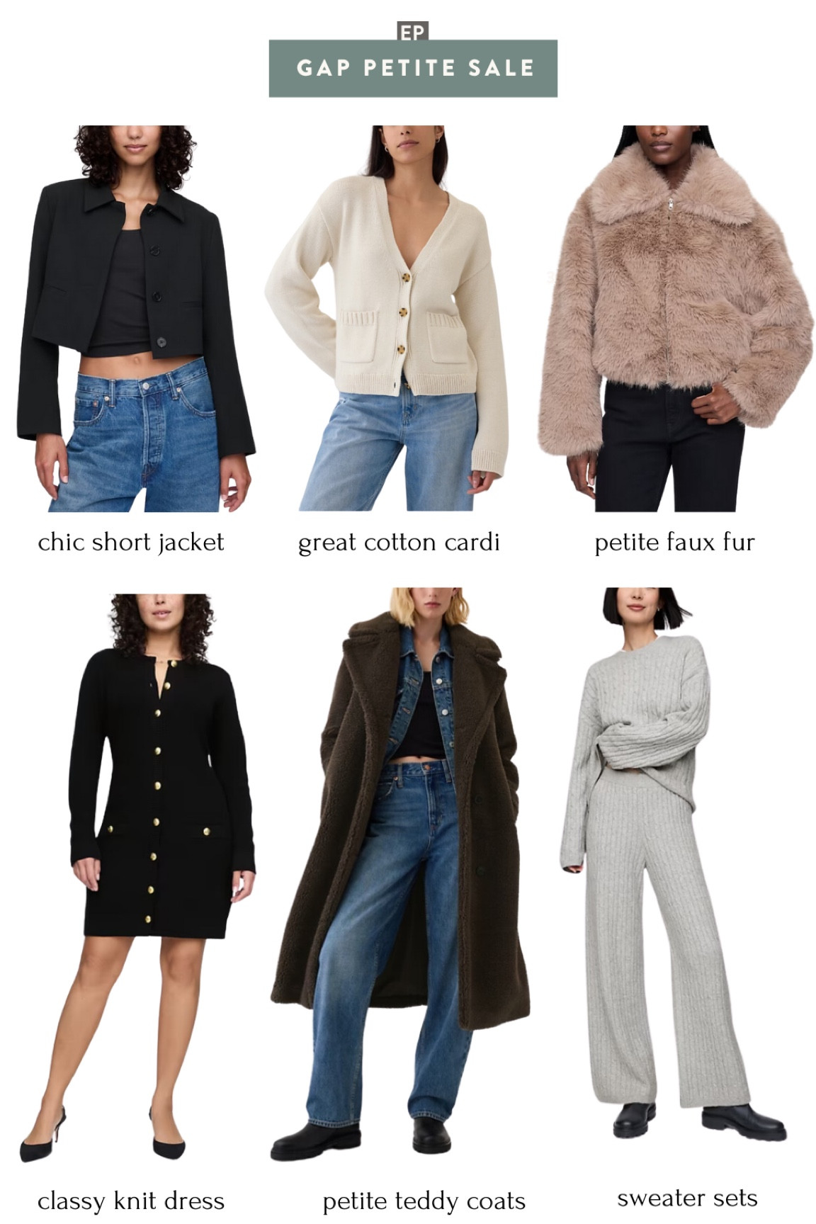 Gap sale picks available in petite! 

• 50% off the cream cardigan that was just restocked. This is a nice 100% cotton option  with a modern, on trend wider sleeve cut - i tried on petite Xs in a different ltk post! 

• old money style black sweater dress with gold buttons for work or events 

• 50% off oversized Teddy Sherpa coat with good reviews in petite sizing 

• faux fur coat to wear with slim pants, jeans or faux leather 

• cropped black jacket with a little structure

• knit sweater pant sets. These usually run loose 

Ideas for elegant fall work dress /: Holiday Christmas season family photo outfits 

#LTKParties #LTKSaleAlert #LTKHoliday