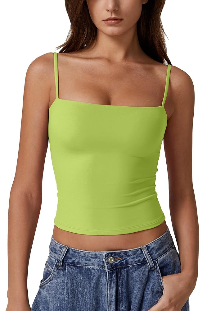 QINSEN Women's Double Lined Basic Tank Top Adjustable Spaghetti Straps Sleeveless Camisole Shirts | Amazon (US)