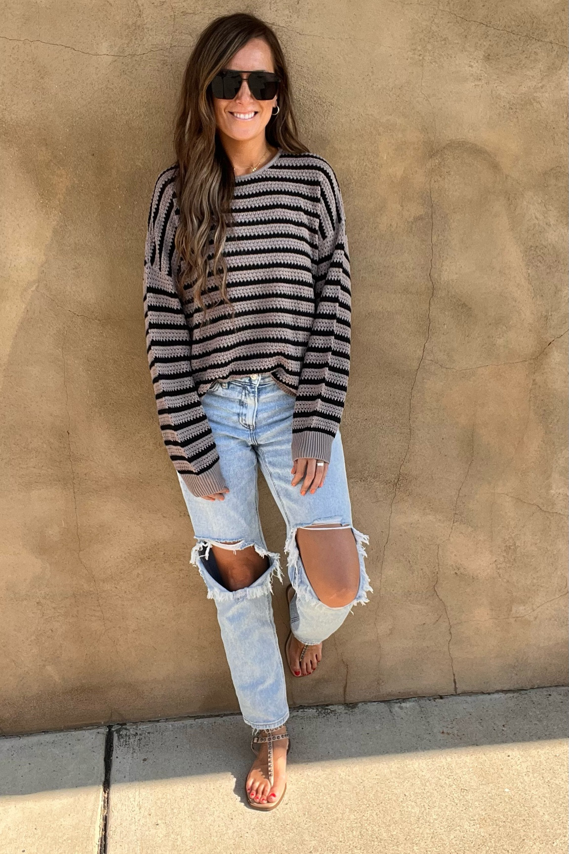 Stripes and Denim🖤 
Sweater and sandals from So Obsessed Boutique