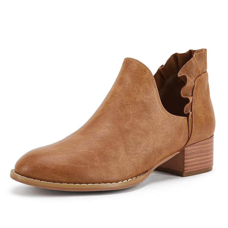 FISACE Womens Ruffled Ankle Boots V Cut Out Pointed Toe Chunky Low Heel Dressy Western Booties | Amazon (US)