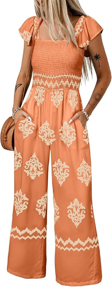 Happy Sailed Womens Boho Jumpsuits Retro Print Cap Sleeve High Waist Pockets Wide Leg Romper Beac... | Amazon (US)