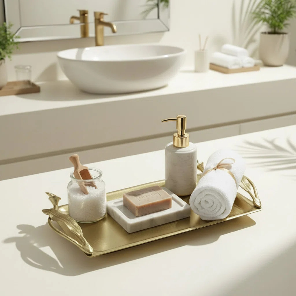 Gleaming Aluminum Vanity Tray with Gold Finish Elegant Bathroom Serving Tray or Christmas decor | Wayfair North America