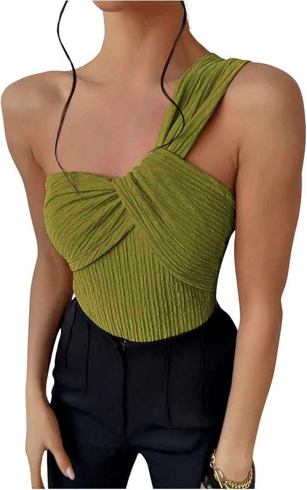 OYOANGLE Women's Textured One Shoulder Going Out Bodysuit Tops Twist Front Ruched Sleeveless Tank... | Amazon (US)