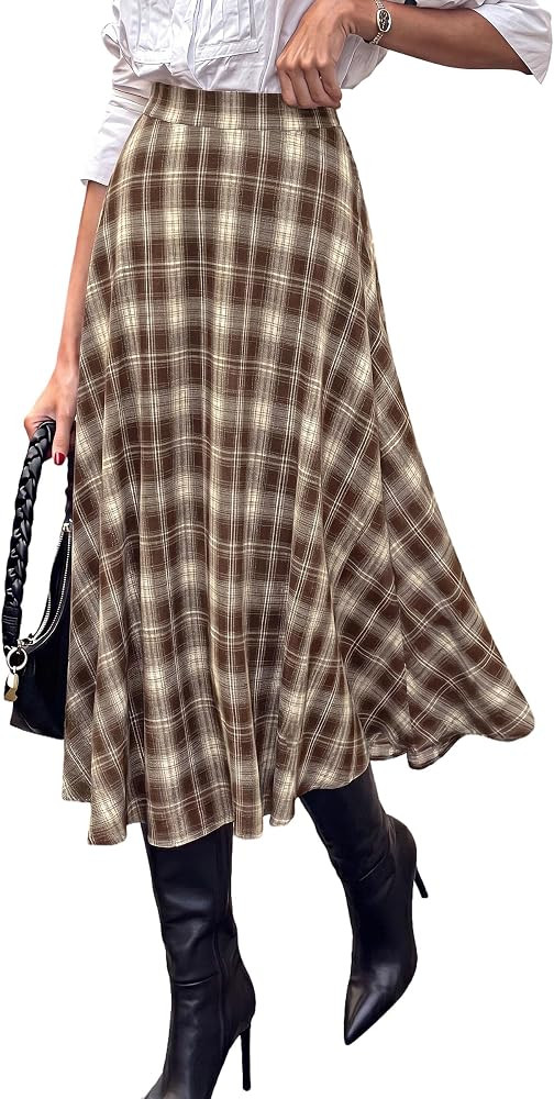 PRETTYGARDEN Women's Plaid High Waisted A-Line Midi Skirts | Amazon (US)