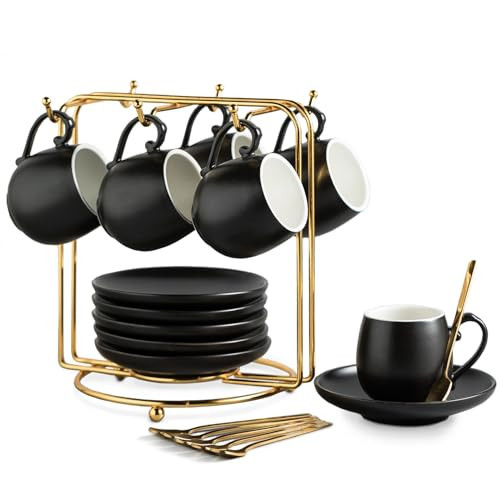LYEOBOH Espresso Cups and Saucers Set, Ceramic Coffee Cup 3 Ounces Small Demitasse Cups Espresso Mugs with Spoons & Metal Stand for Cappuccino, Latte, Tea, Set of 6, Black | Amazon (US)