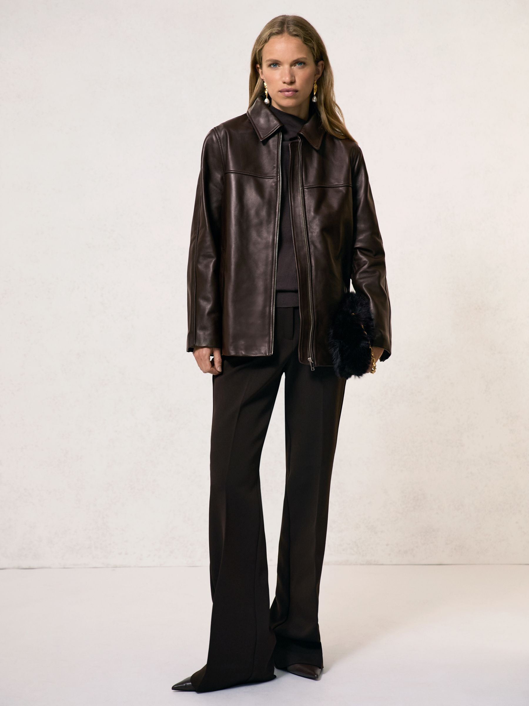 Longline Leather Jacket in Chocolate Brown | Reiss US