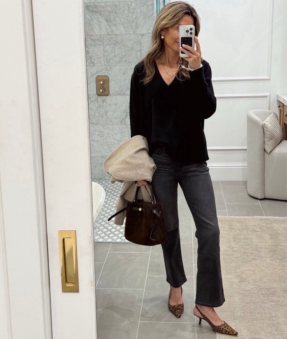 -Quince kick flare jeans. I size up one size, I’m 5’6”
-black v-neck sweater 
-leopard heels TTS. 

#LTKootd #LTKOver40