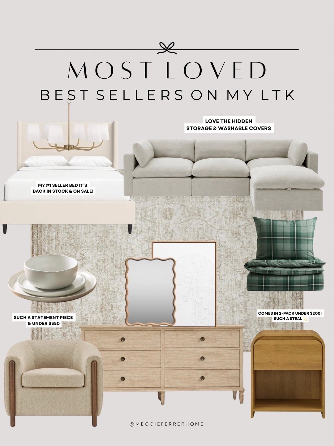 These are the pieces you’ve been loving the most on my LTK lately 🤍
And honestly… I’m not surprised, every single one of these is a forever favorite in our home.

From my #1 seller bed (finally back in stock + on sale!!) to our modular sofa with hidden storage + washable covers, to the statement mirror, dresser, accent chair, and even the coziest plaid pillows — they’re all linked in one place for easy browsing. 🤎

Follow my LTK @meggieferrerhome on the @shop.LTK app to view this post and get my exclusive app-only content!

#liketkit #LTKHome #LTKSaleAlert
@shop.ltk
https://liketk.it/5Cxdb

#LTKHome #LTKHoliday #LTKSeasonal