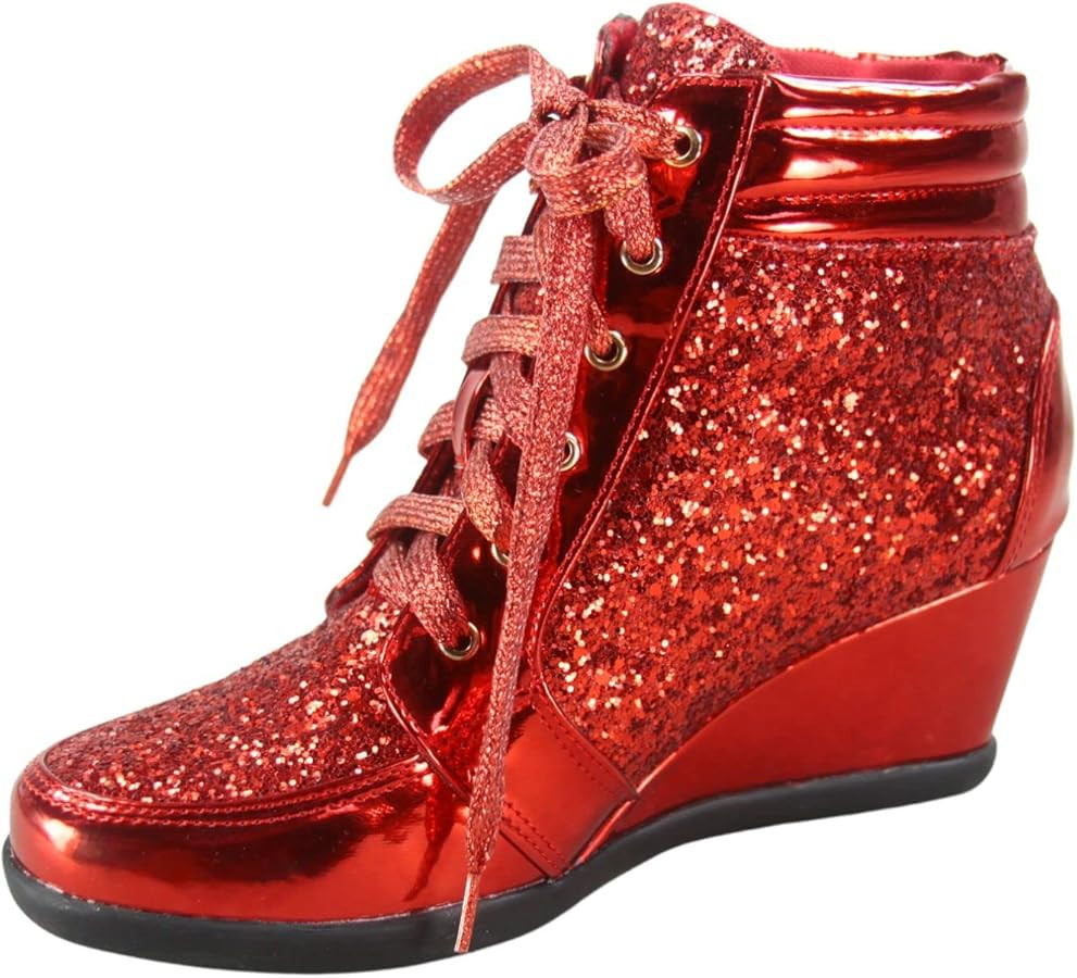 Forever Link Women's Fashion Glitter High Top Lace Up Wedge Sneaker Shoes | Amazon (US)