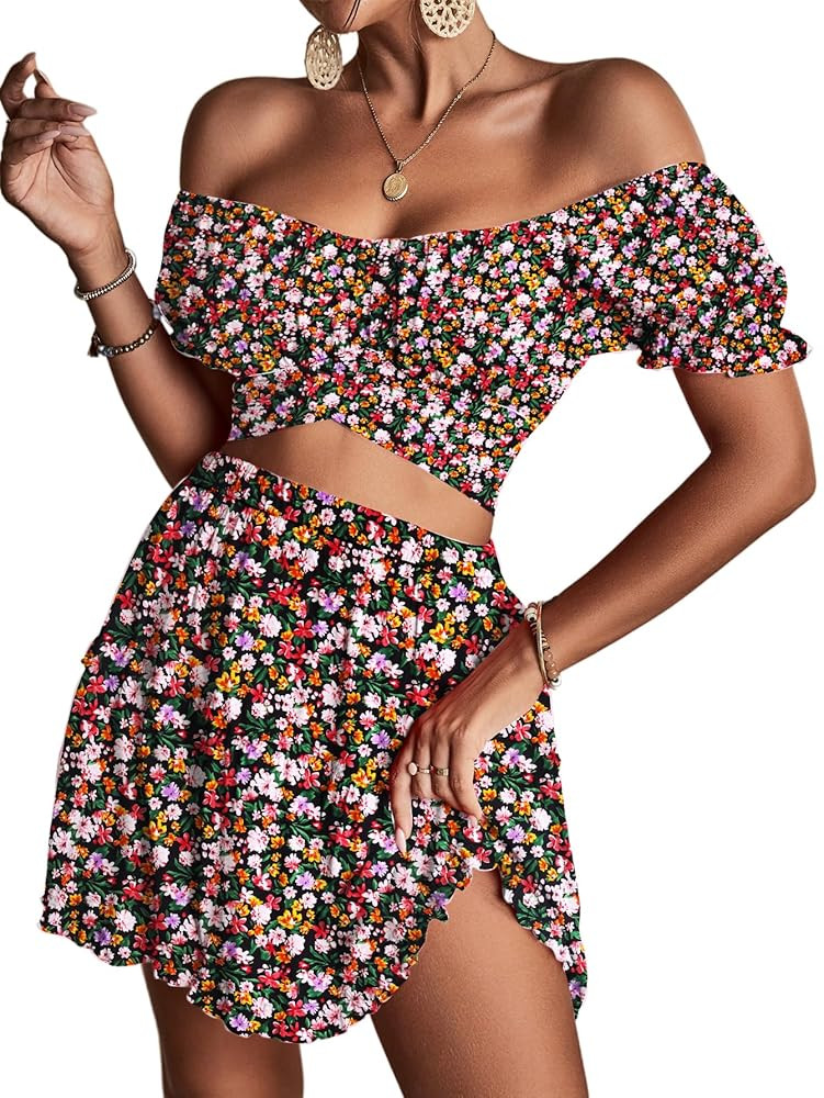 LYANER Women's 2 Piece Outfits Floral Off Shoulder Tie Up Crop Top and Mini Skirt Set | Amazon (US)