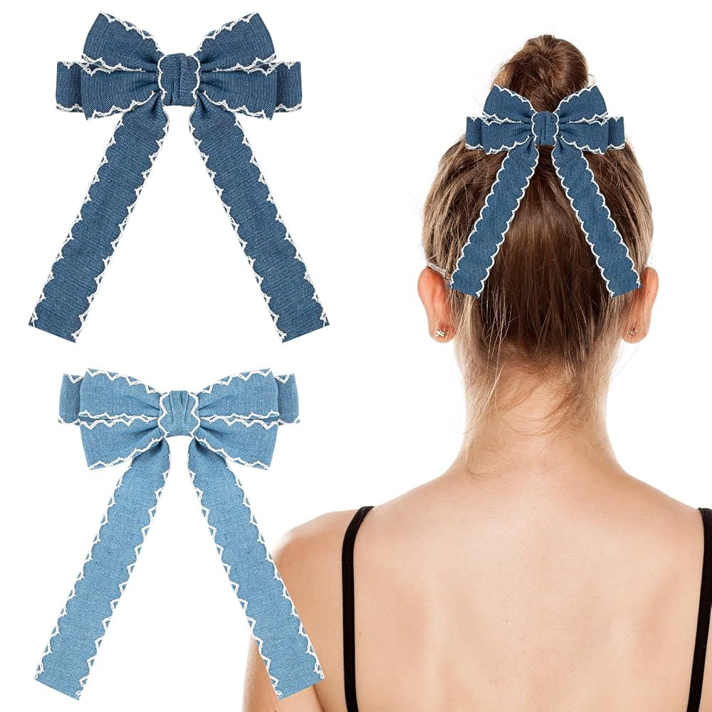 Framendino, 2 Pack Hair Bow Clips for Women Bowknot Denim Bows Clip with Long Tail | Amazon (US)