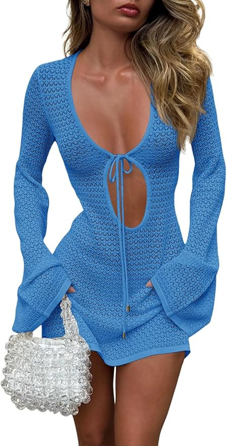 Saodimallsu Womens Crochet Swimsuit Cover Up Long Bell Sleeve V Neck Tie Mesh Knit Summer Beach D... | Amazon (US)