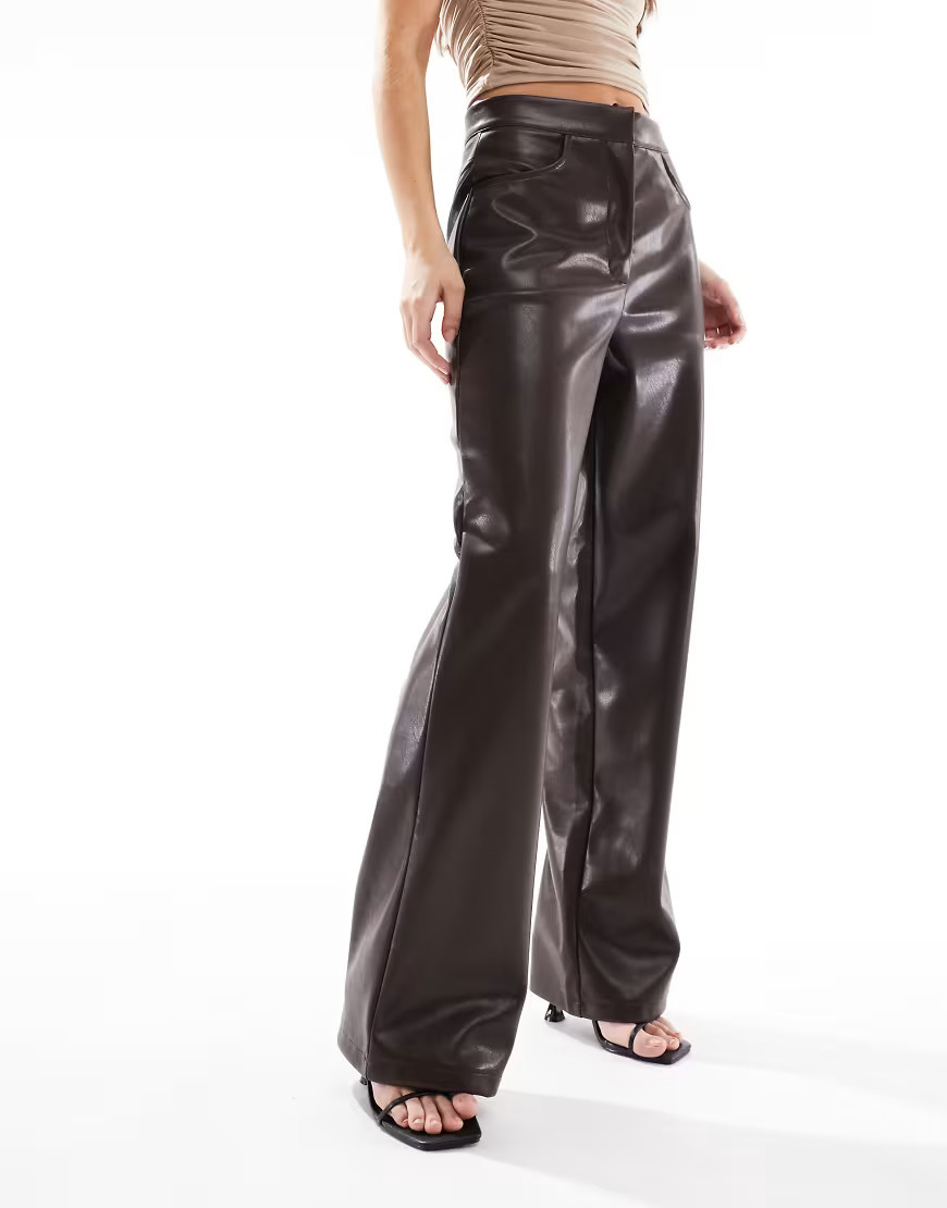 ASOS DESIGN leather look wide leg trouser in chocolate-Brown | ASOS (Global)