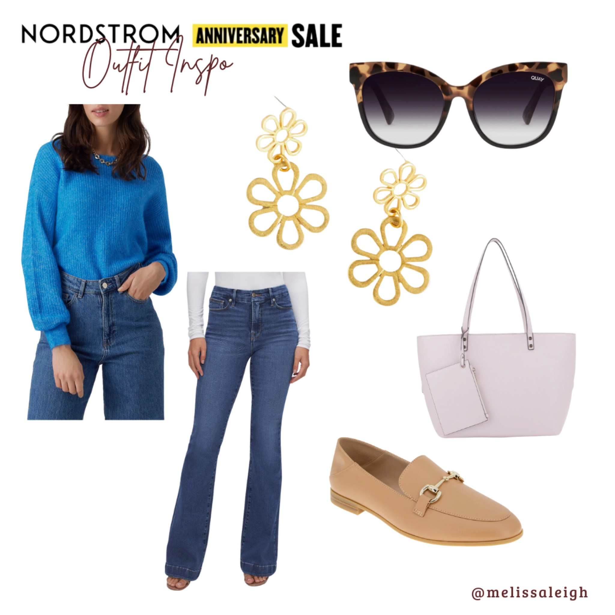 Nordstrom anniversary sale, Nordstrom, Nordstrom sale, n sale 2023, sale finds, fall fashion, fall style, staple items, blue cashmere sweater, good American flare jeans, beige leather loafers, flower earrings, quay sunglasses, pink tote bag, casual outfit, casual Friday 

#LTKFind #LTKSeasonal #LTKxNSale