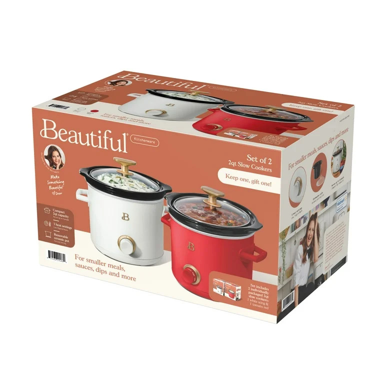 Beautiful 2 Qt Manual Slow Cooker, 2-Pack, Tomato Red + White Icing by Drew Barrymore | Walmart (US)