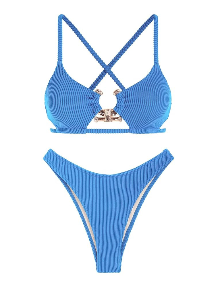 ZAFUL Women's Sexy Cutout Bikini Set High Cut Textured Metal Ring Cheeky Swimsuit Two Piece Bathi... | Amazon (US)