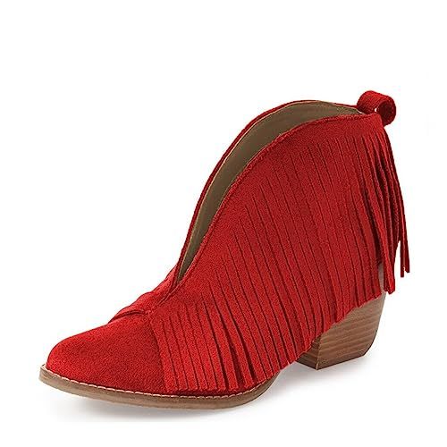 YDN Western Ankle High Boots with Tassels Round Toe Block Heel Suede Retro Booties | Amazon (US)