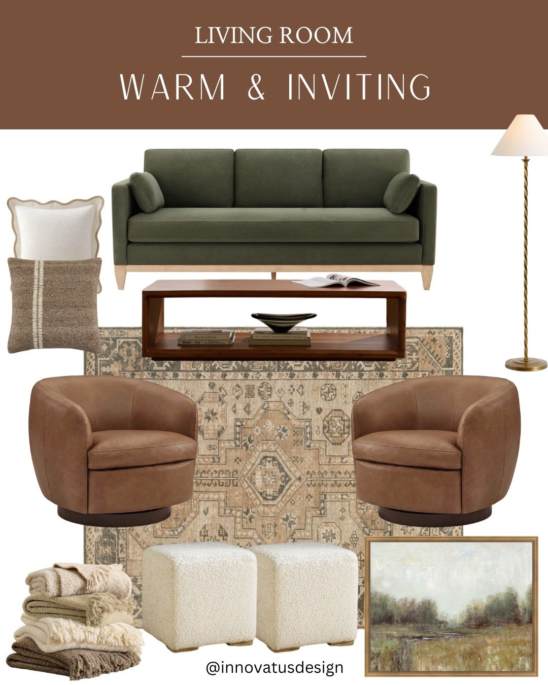 Create a warm and inviting living room with this earthy living room design! Fair leather swivel chairs with an upholstered sofa, and use the accessories to pull everything together.

#LTKHome #LTKSeasonal #LTKselfcare