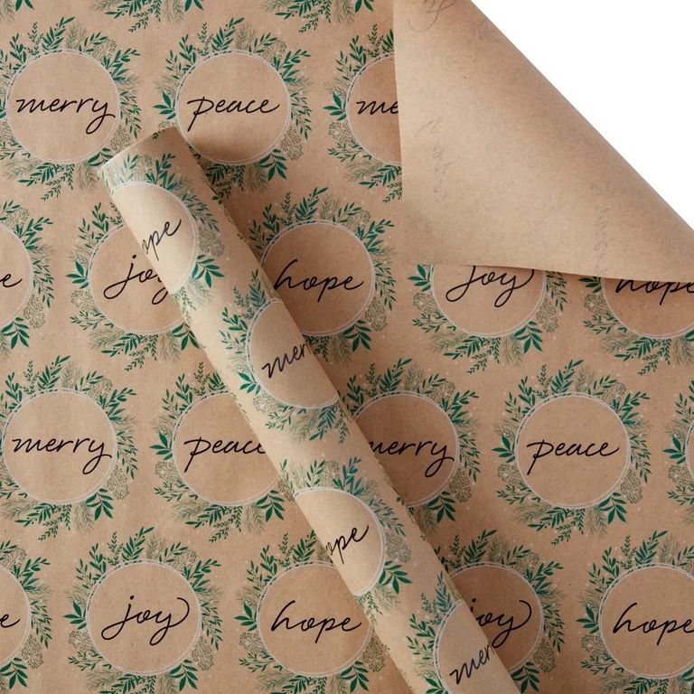 Holiday Time Foliage Wreath Kraft Wrapping Paper, Christmas, Natural, Brown, Green 30 Inches Wide | Walmart (US)